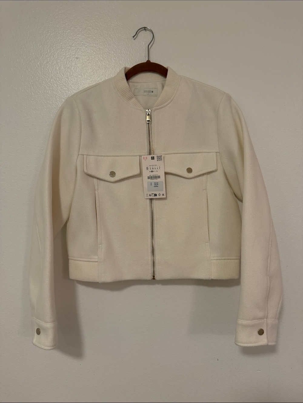 Cream Bomber Jacket with Zip Front